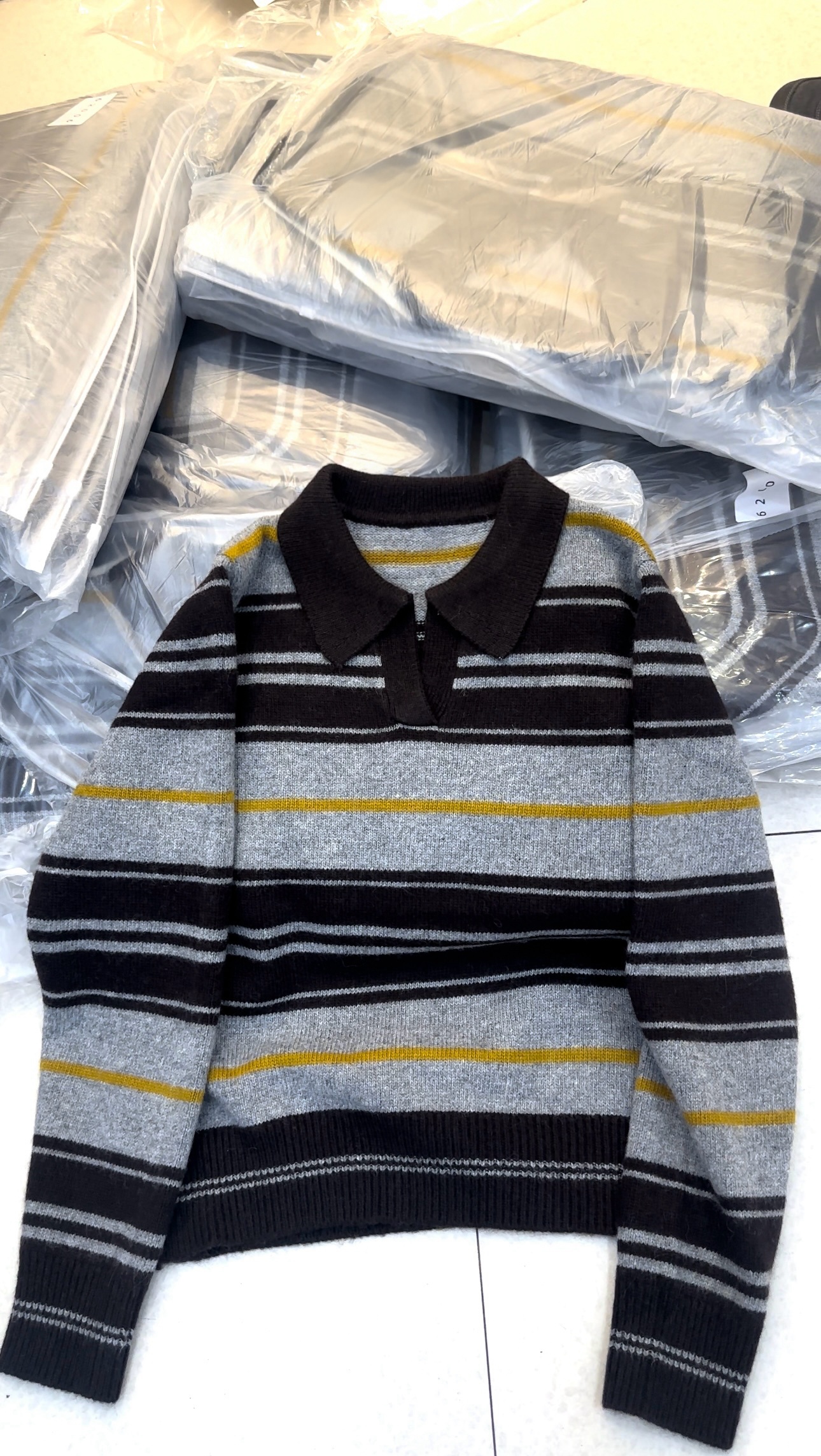 条纹POLO领长袖套头针织衫女25冬季韩版宽松显瘦百搭毛衣