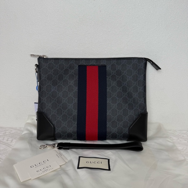 全新未使用 GUCCI/古驰 4375/4339男士经典黑老花红蓝条纹手拿包