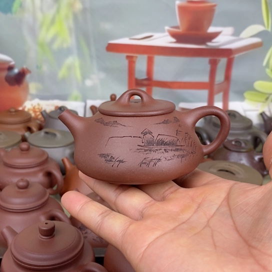 紫砂茶壶风釉羊角山紫泥150cc刻绘款半手工