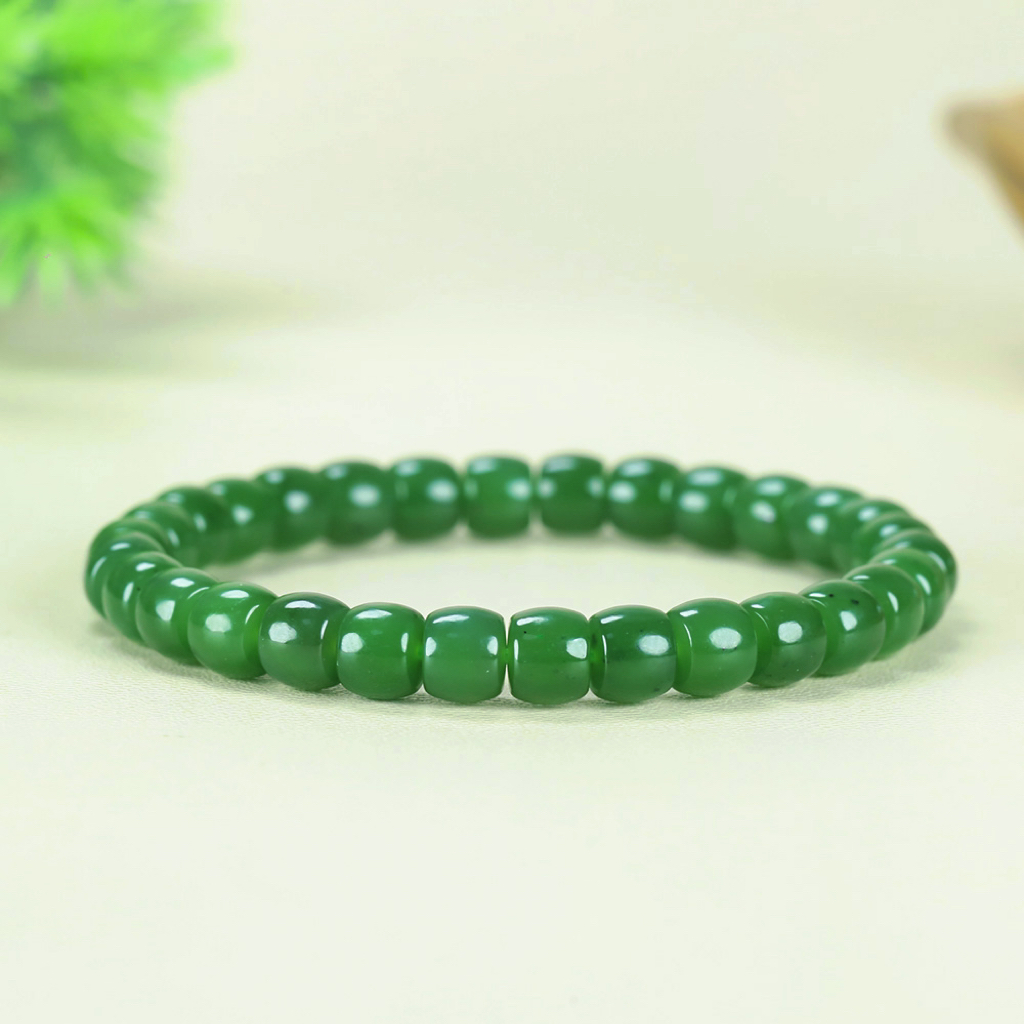 【凤霖珠宝】天然和田玉碧玉直切手串6*7小黑点冰底阳绿百搭时尚款