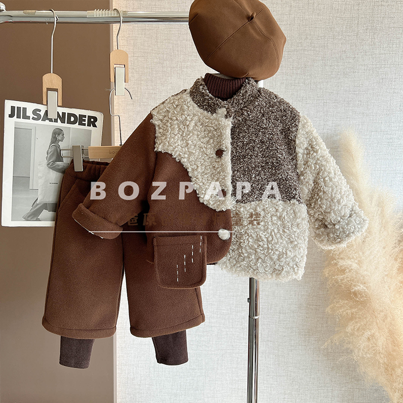 啵小爸【陌上烟雨】2025新款冬季男童宝宝韩系棕栗拼接夹棉外套套装