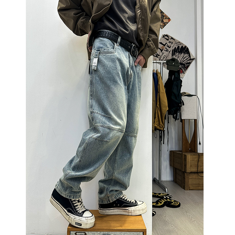 双色立体多折位裁剪伐木工装牛仔裤 男女四季潮牌哈伦直筒跨牛