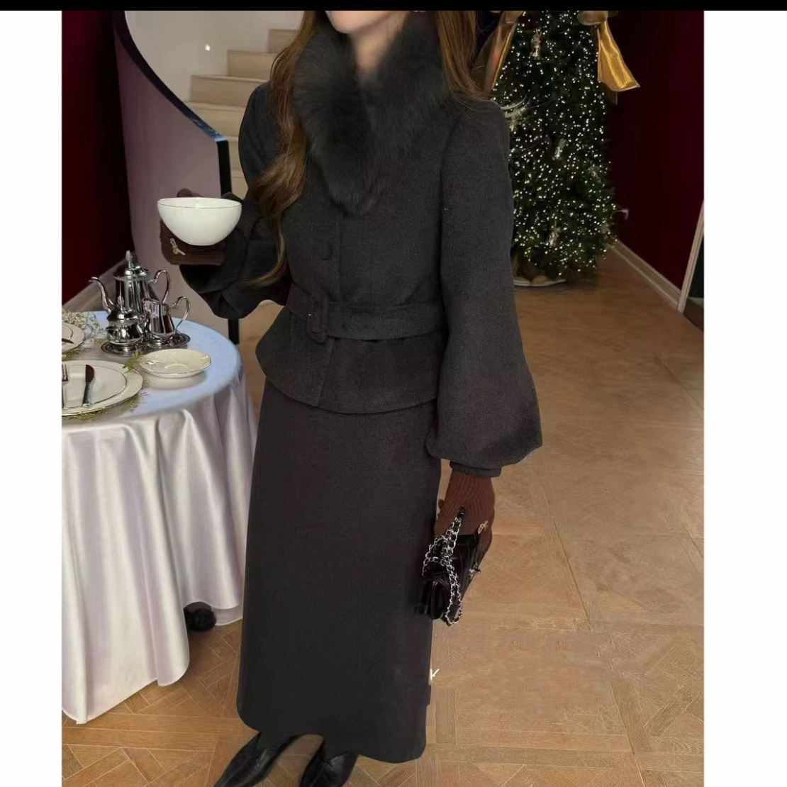 毛领收腰毛呢套装女2025冬季千金风气质两件套小香