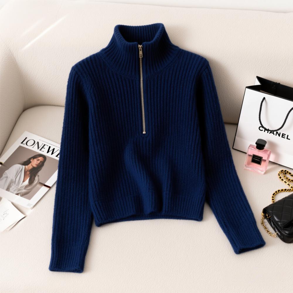 2025韩系冬季新款减龄简约高级感针织小衫立领拉链休闲百搭上衣女