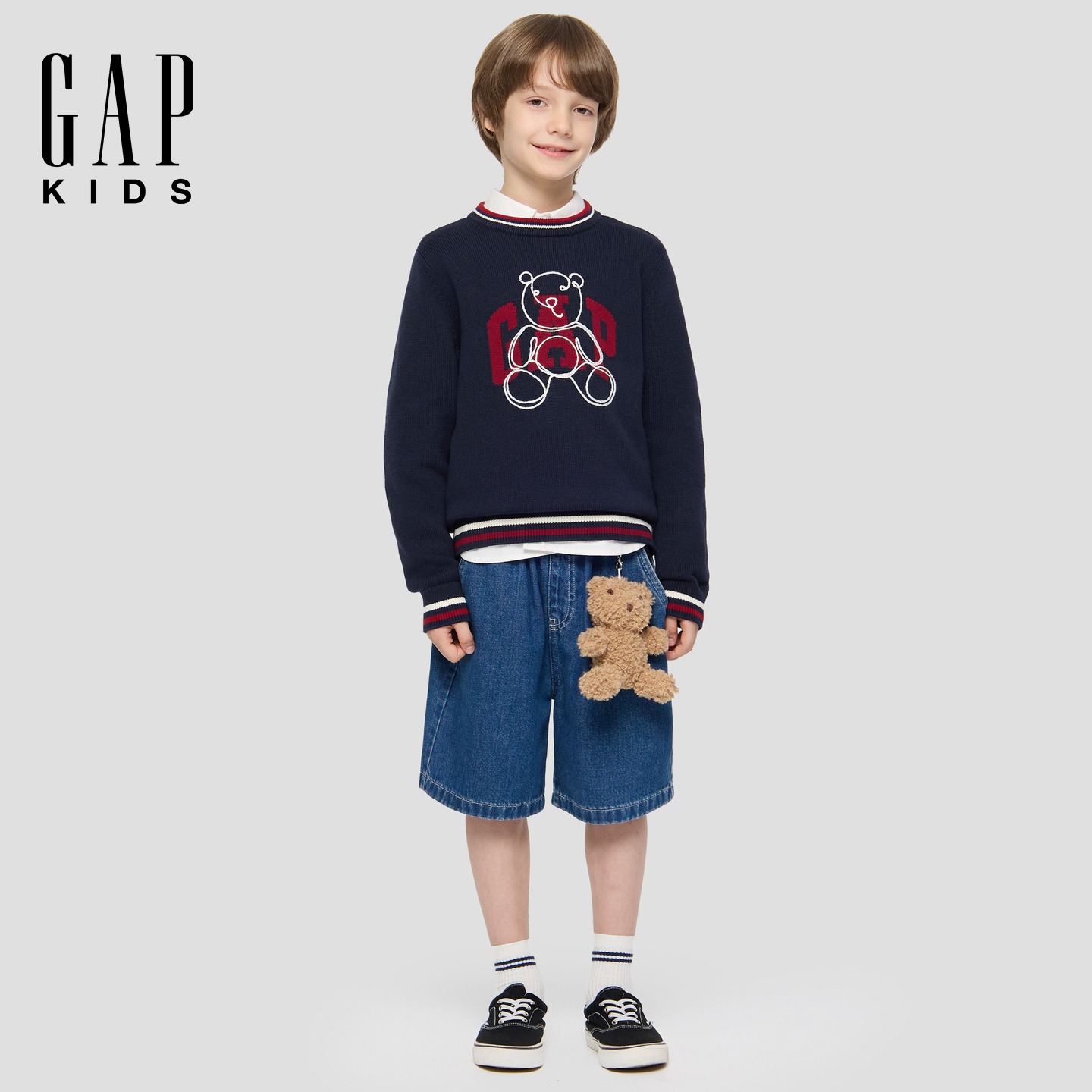 Gap男童2025秋冬新款小熊刺绣logo纯棉圆领毛衣童装805912/805970