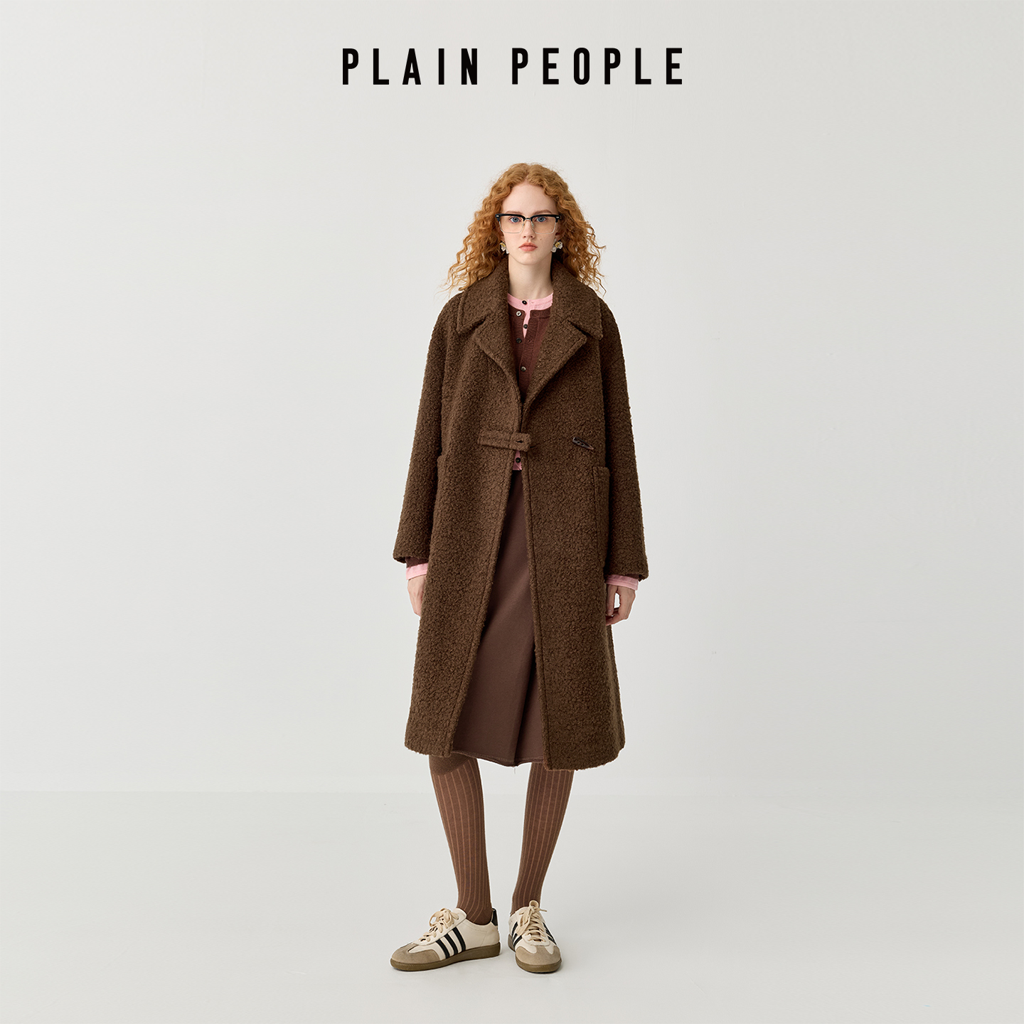 PLAIN PEOPLE复古绵羊毛肌理感长款毛呢大衣外套女黑色2025冬新款