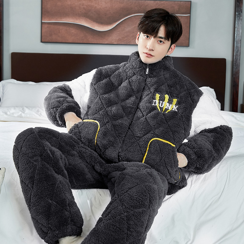 男士睡衣冬季三层夹棉加厚加绒保暖时尚超厚棉袄珊瑚绒家居服套装