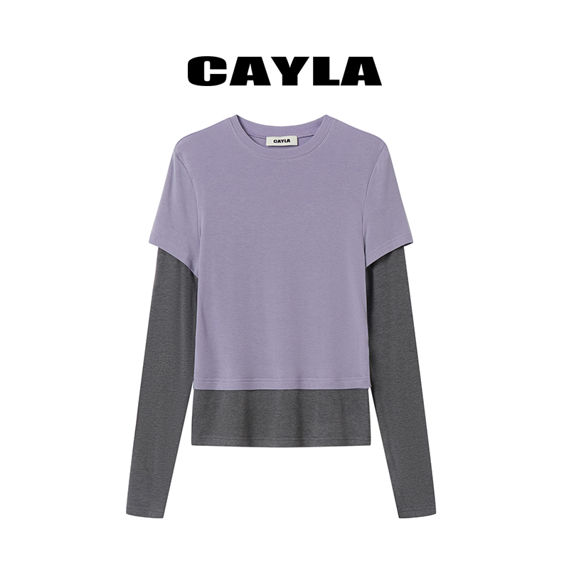 【茉舍】cayla 假两件撞色拼接长袖T恤CY2025AW089-650