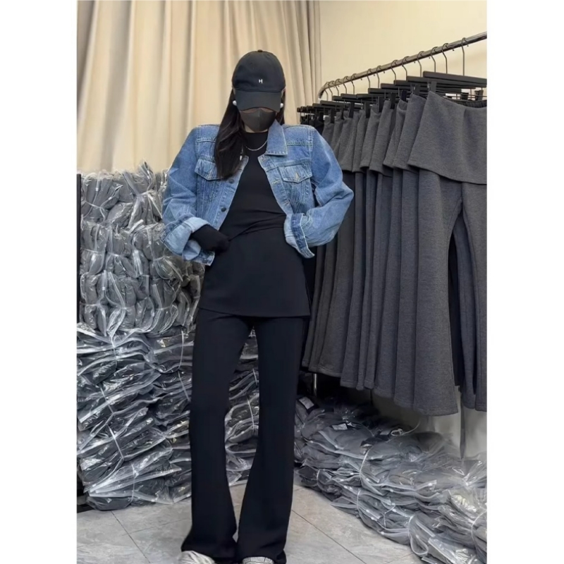 胖mm韩国东大门同款假两件屁帘微喇叭裤女秋冬加绒加厚显瘦休闲裤