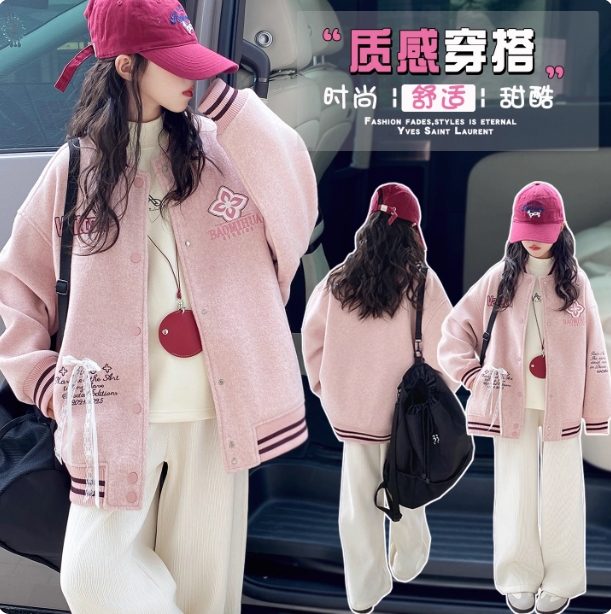 女童呢子夹棉棒球服秋季2025新款儿童初冬深秋女大童加厚外套秋冬