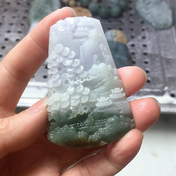 未镶嵌定制翡翠付*国缅甸翡翠三彩山水牌