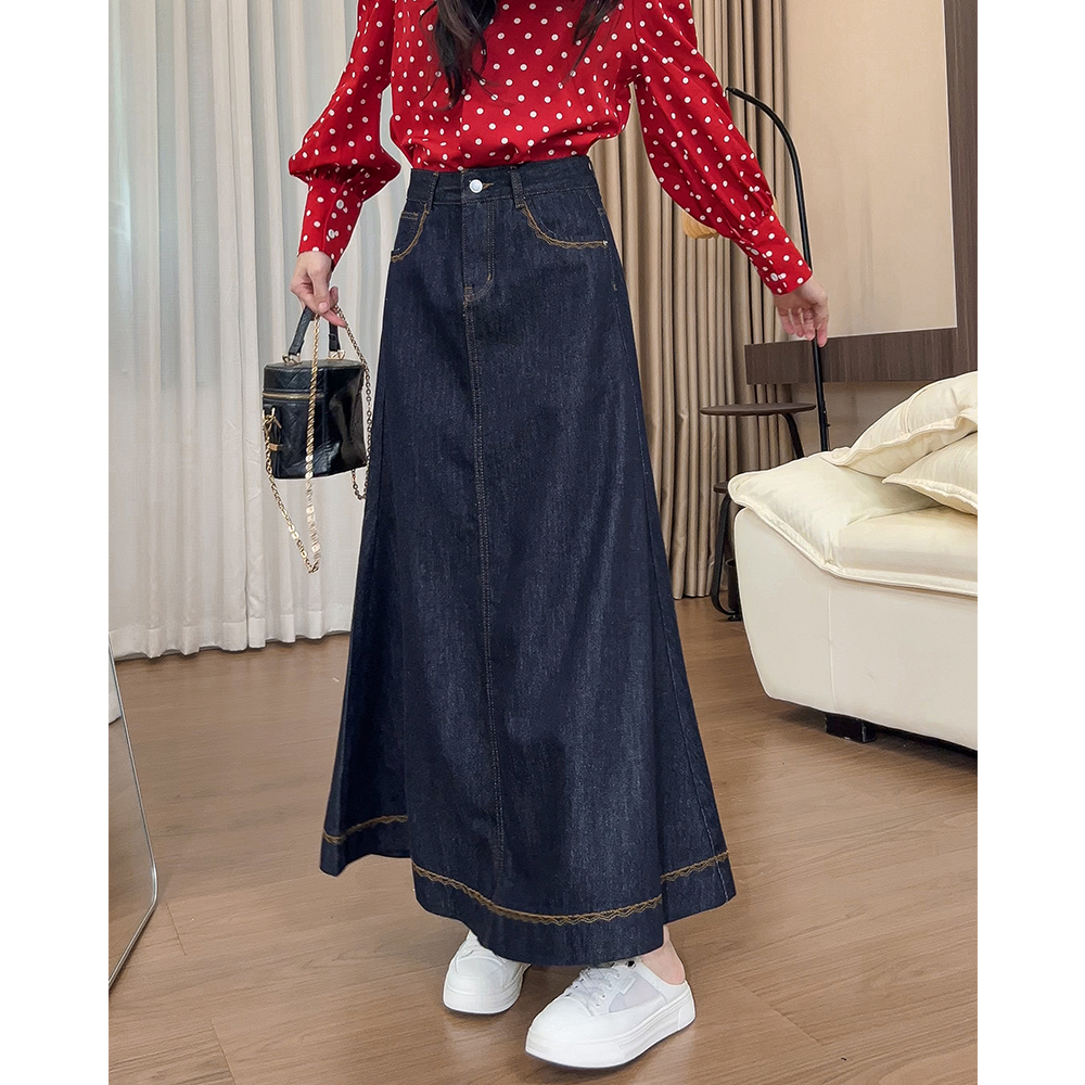 0696复古丹宁色牛仔半身裙女2025高腰显瘦港风小个子A字中长裙子