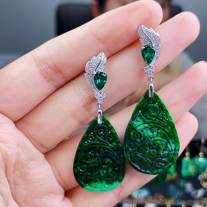 翡翠耳饰银S925镶嵌饰品