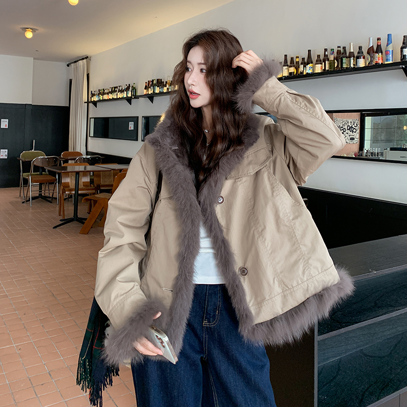 小个子毛绒拼接派克棉服2025新款深冬两面穿皮毛一体加绒棉衣棉袄