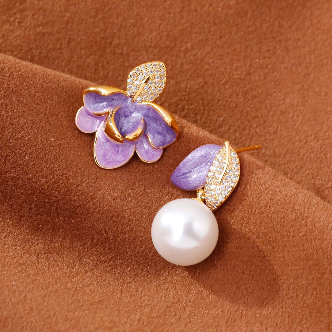 铜合金珐琅耳饰 轻奢新中式紫色滴油锆石不对称耳钉简约气质耳饰