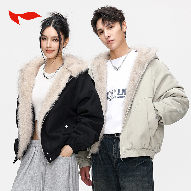 FLYMAN/李宇座山雕毛领冬季情侣棉服加绒加厚保暖男女百搭棉衣