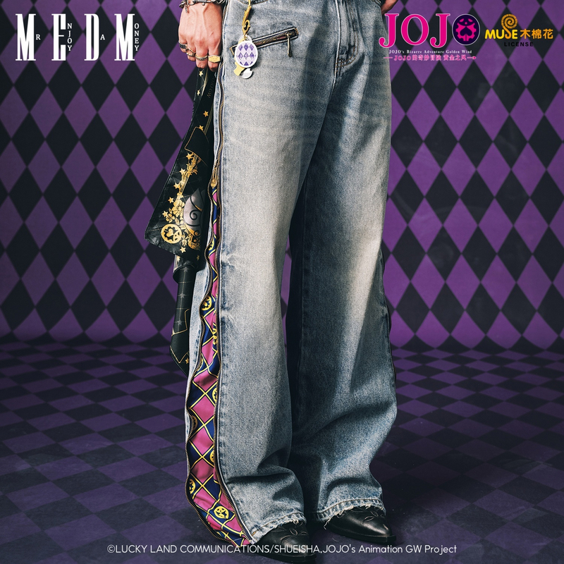 MEDMxJOJO的奇妙冒险联名-拉链格纹休闲牛仔裤水洗做旧微弹拖地裤