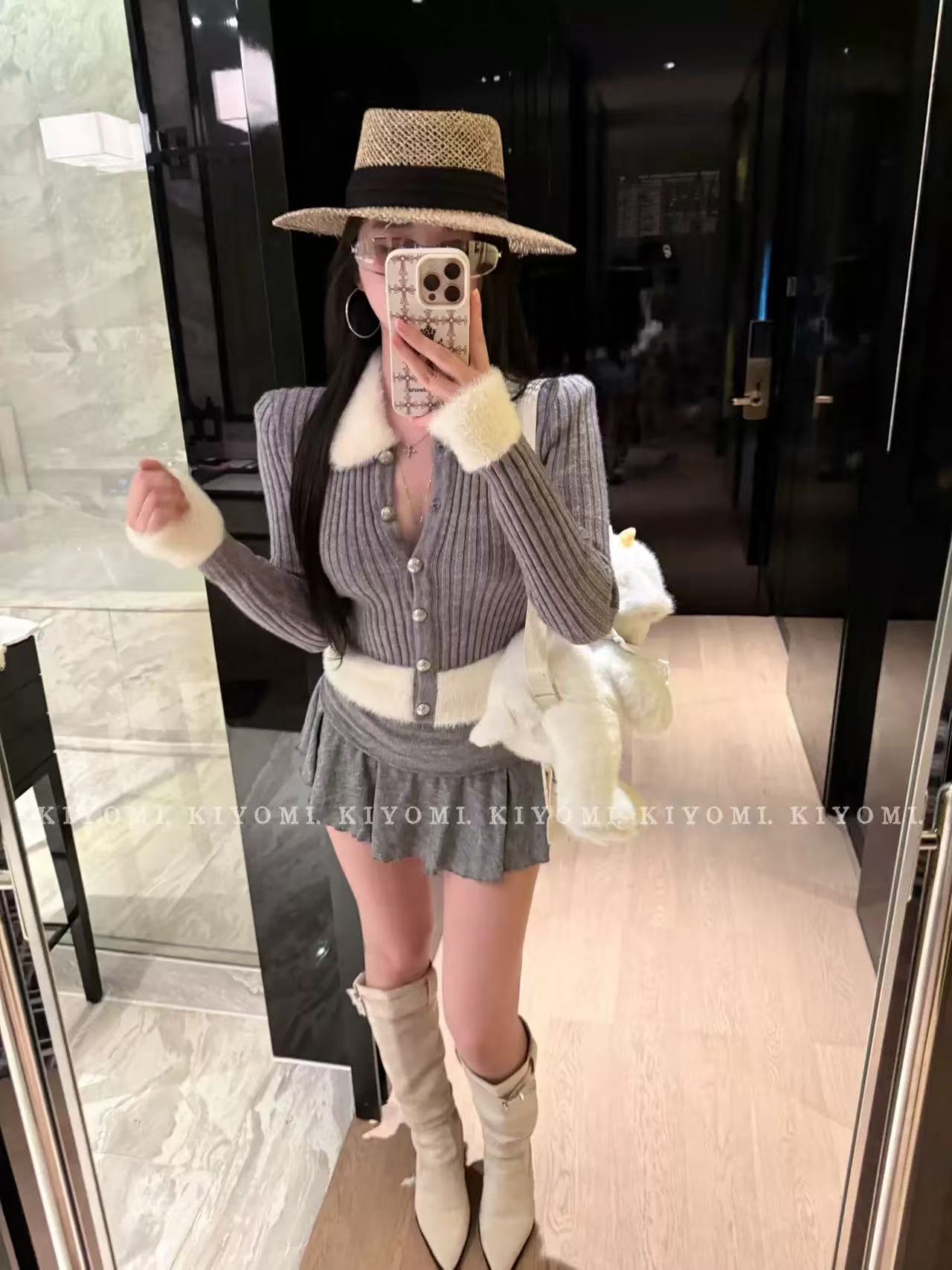 Coriander 香菜显瘦休闲风长袖拼毛韩系开衫6828111