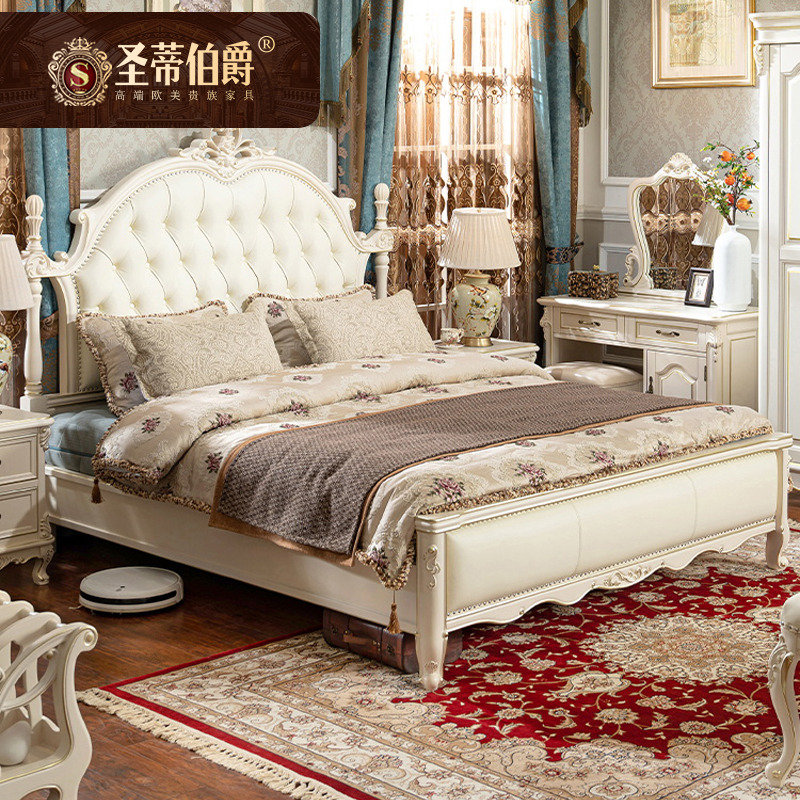美式全实木白色皮床欧式白色描金主卧室床双人婚床1.8米