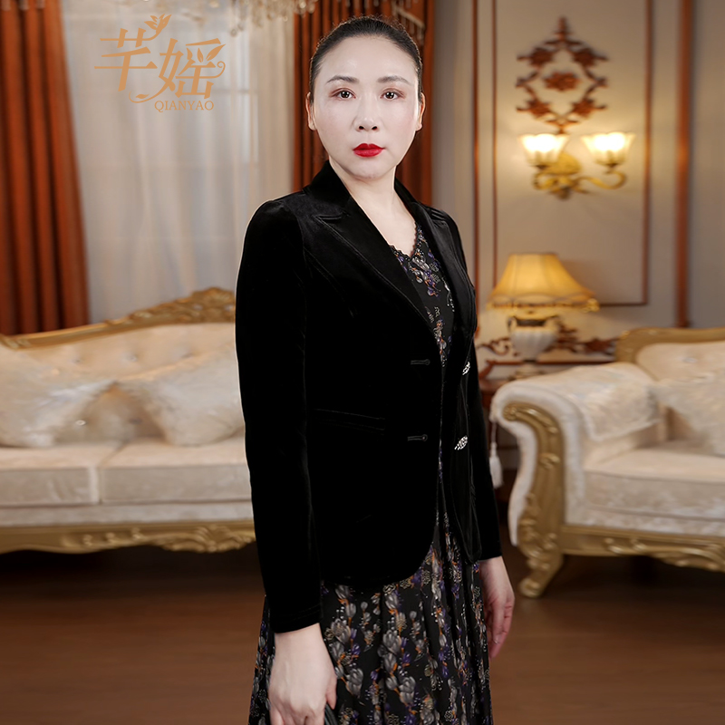 芊媱洋气黑色修身显瘦丝绒外套轻职风长袖西服修身型常规款西装