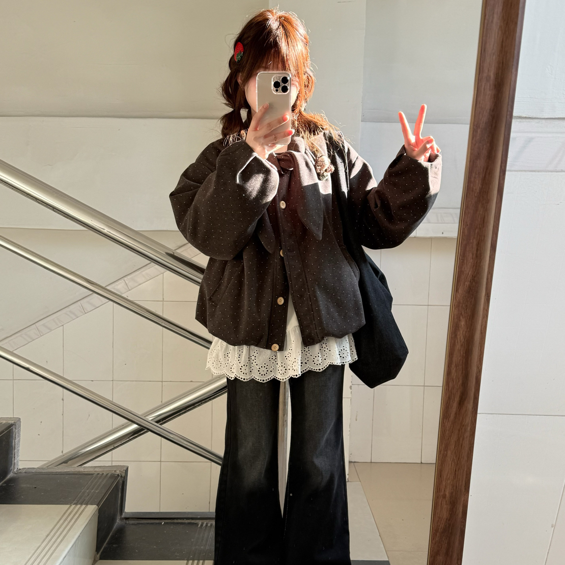 木子豆/灰色波点兔耳朵夹棉花苞百搭外套（图片为实拍）