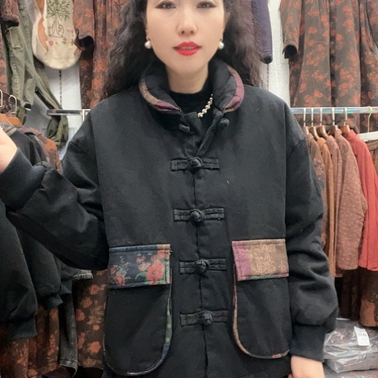 织绣招财猫棉袄牛仔立领