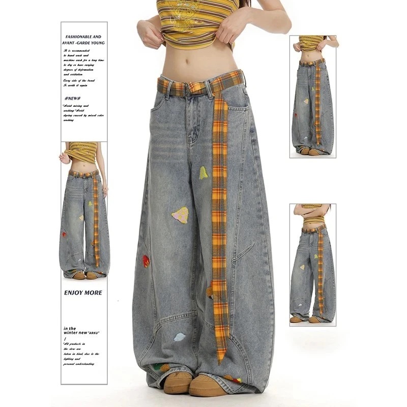 美式复古卡通毛巾绣牛仔裤女宽松显瘦小众设计感阔腿裤