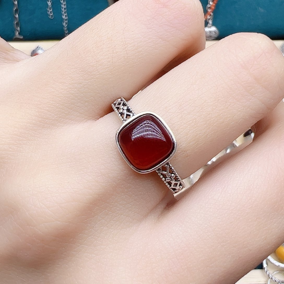 血珀戒指银S925镶嵌天然