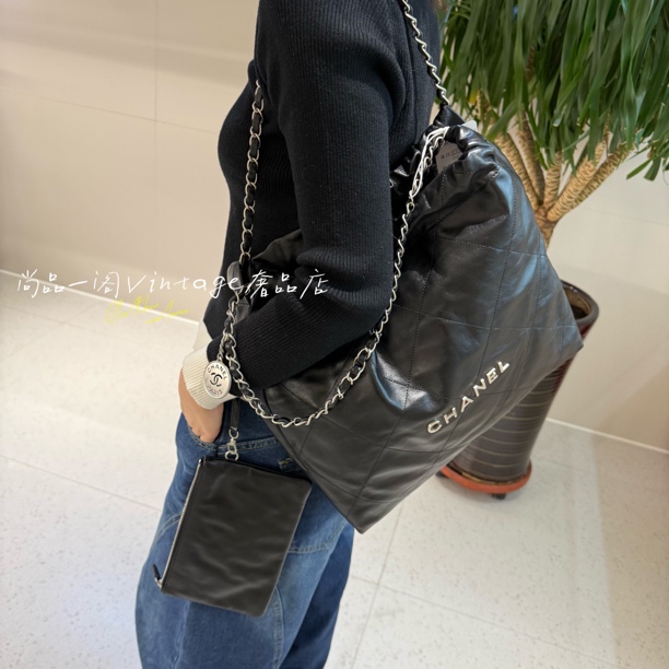 99新 Chanel/香奈儿 尚品一阁/22bag黑银小号垃圾袋单肩包 芯片款
