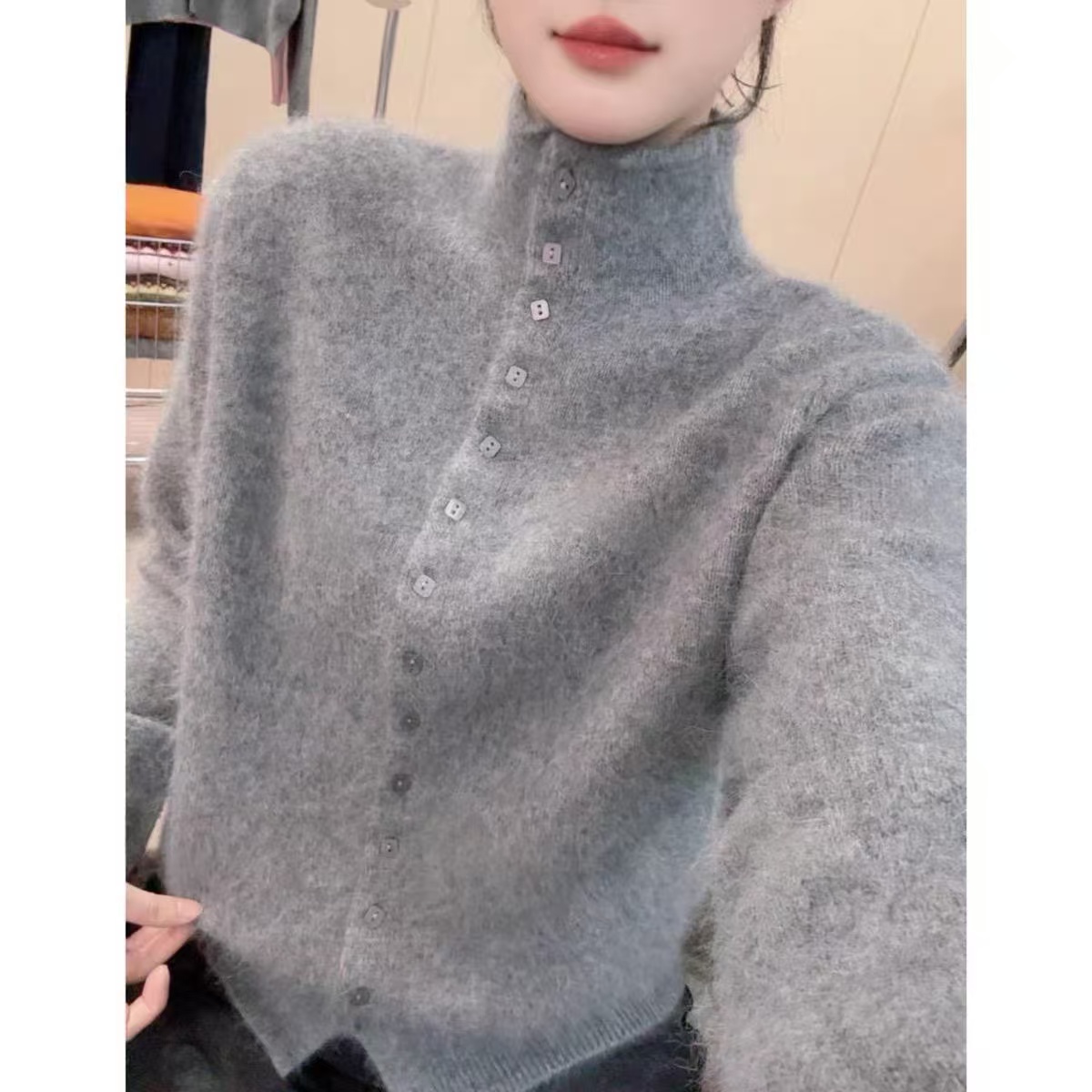 韩系简约立领灰色长袖针织开衫女百搭软糯毛衣