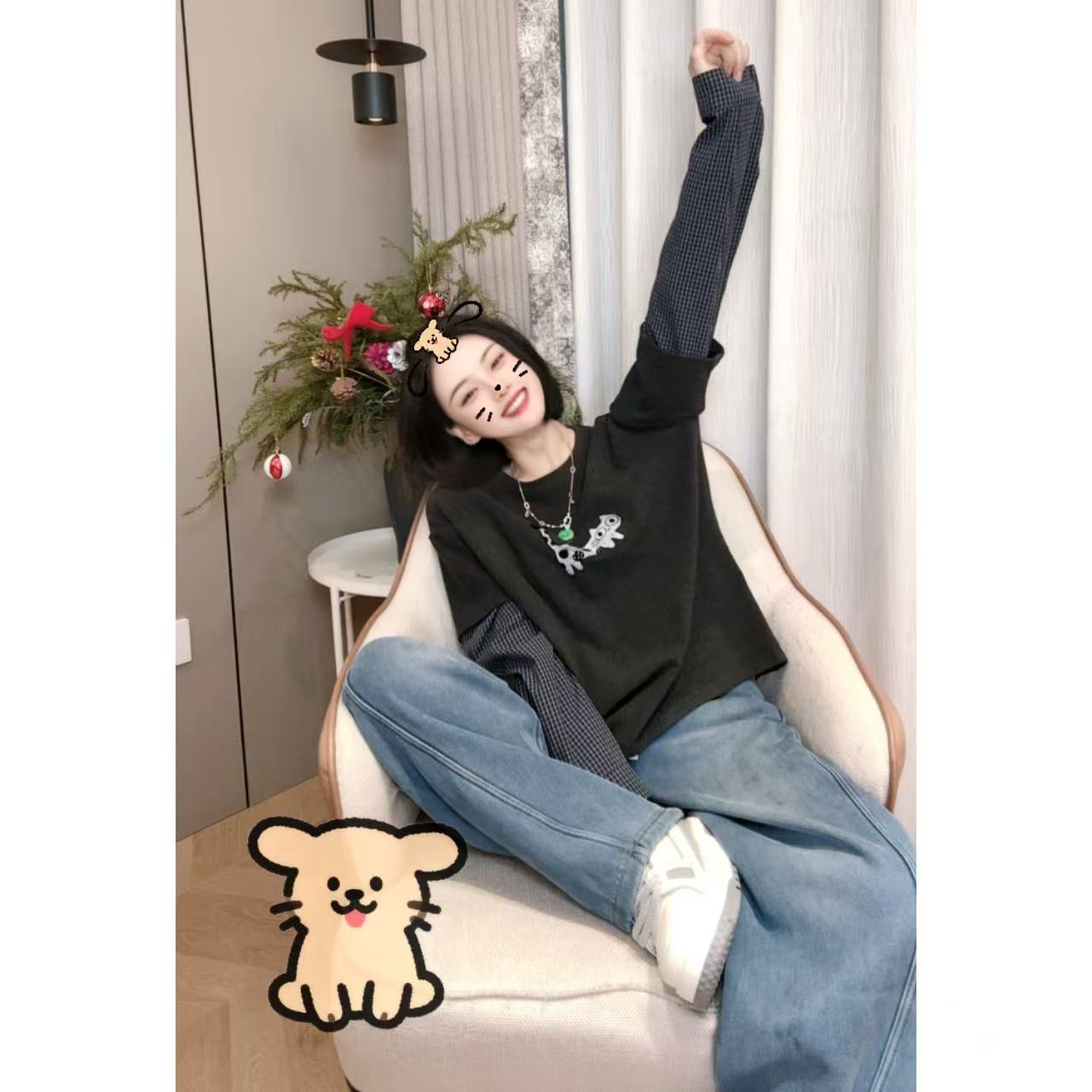 秋冬波点小猫拼接格子袖假两件长袖T恤5-12-25