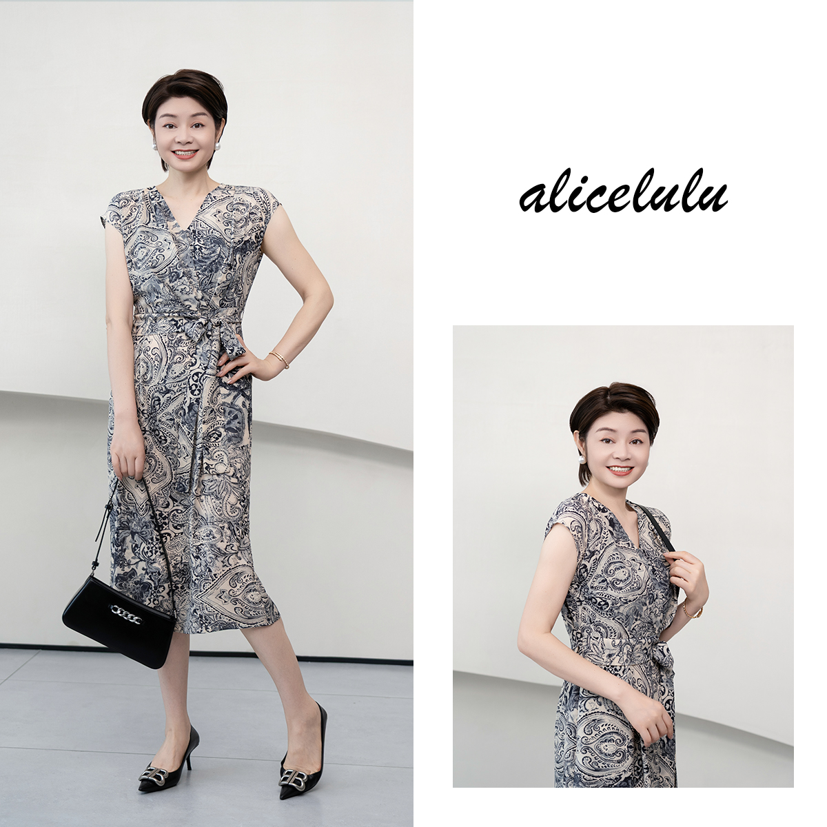 1alicelulu 窈窕淑女 V领收腰显瘦遮肚连衣裙S2146571E
