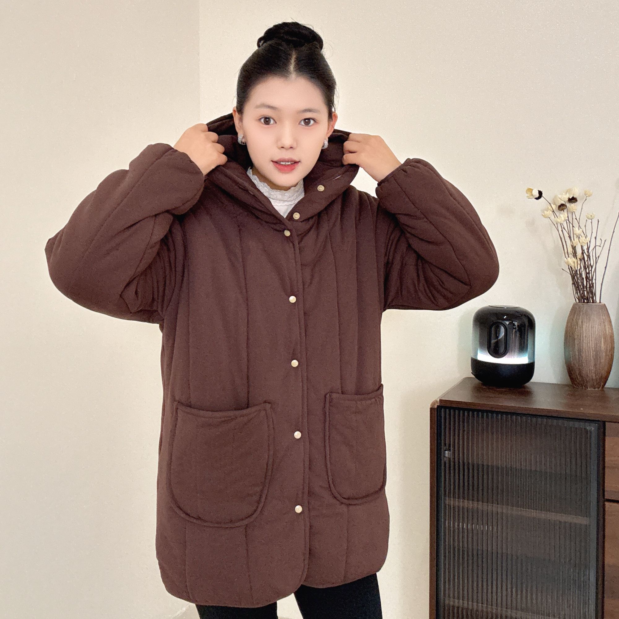 【纯咖色】300g新疆棉连帽开叉中长款印花宽松家居服女保暖棉衣棉服