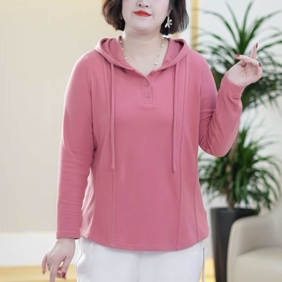 修容线真德绒卫衣女连帽大码弹力时尚简约流行保暖休闲显瘦上衣