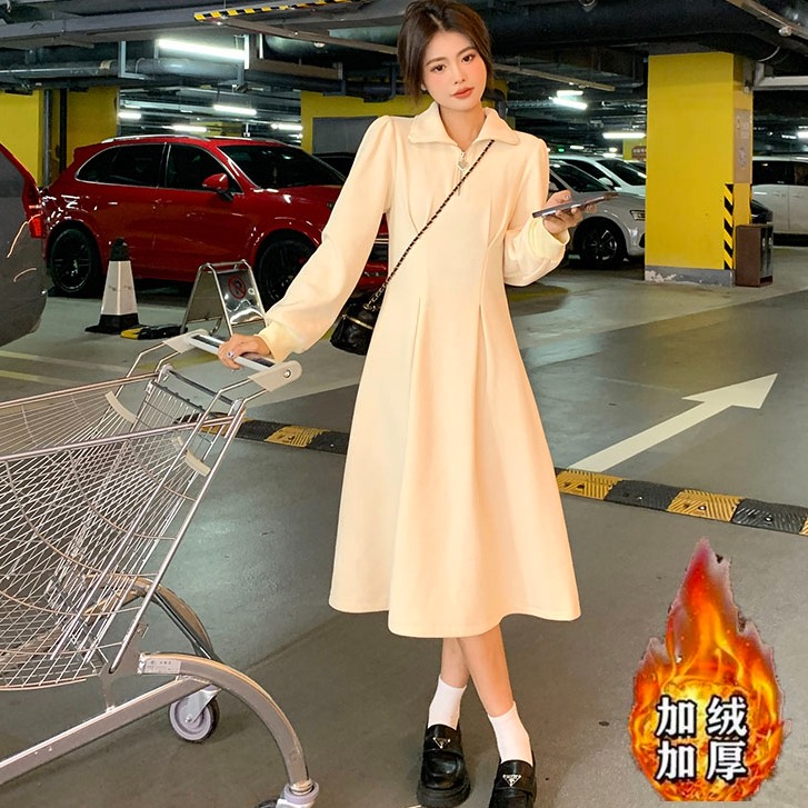大码高级感长袖加绒内搭连衣裙女春冬2025新款胖mm收腰裙子1640
