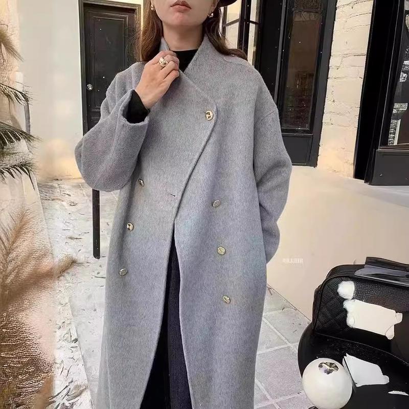 秋冬立领双排扣不规则长款宽松羊绒大衣女高级感外套气质款韩版