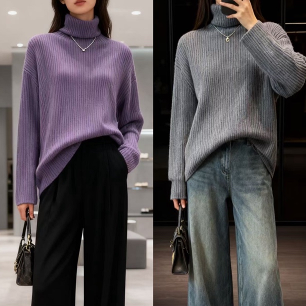 100%羊毛~胸104-160长69遮肉显瘦高领坑条百搭针织上衣 3562