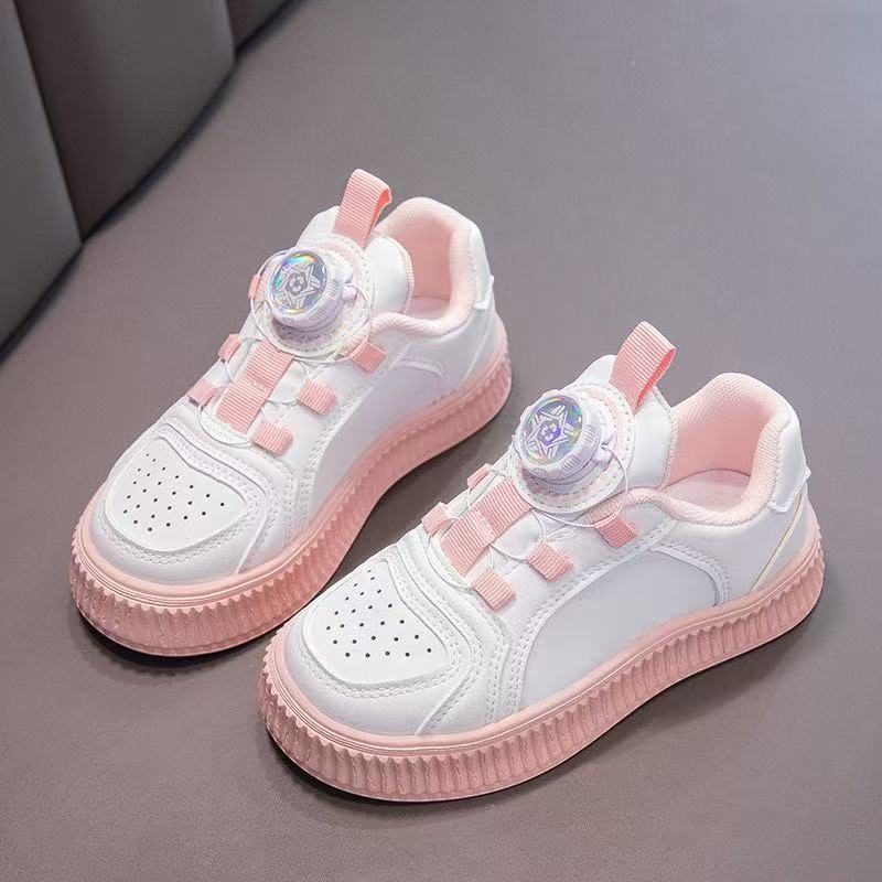 儿童鞋子2025新款春秋女童运动鞋男童旋转纽扣鞋中大童学生小白鞋