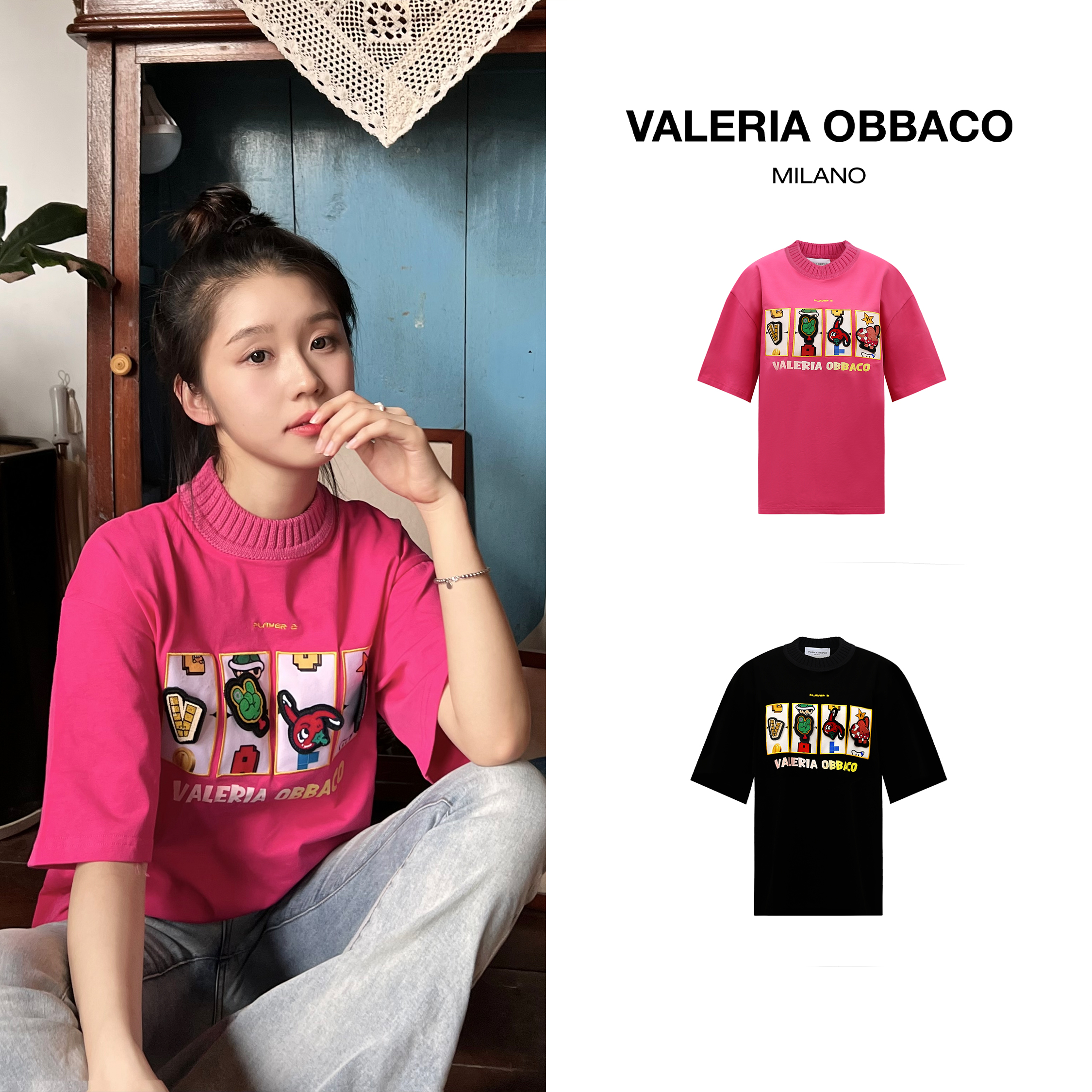 VALERIA OBBACO 夏季短袖 玩趣魔术贴宽松情侣针织领T恤百搭上衣