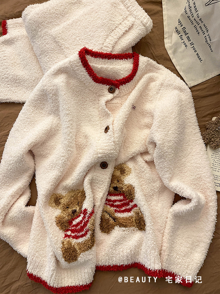 韩版卡通小熊针织半边绒睡衣女冬季加厚保暖长袖长裤家居服两件套