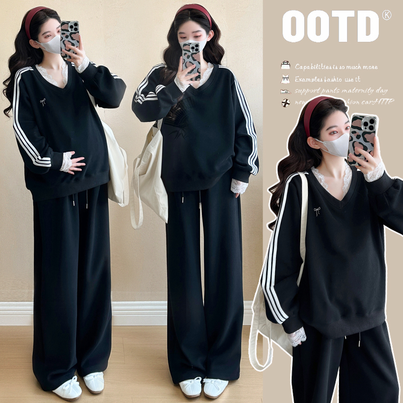 【酥酥】孕妇装秋装套装2025新款花边蕾丝套头卫衣加厚两件套孕妇裤