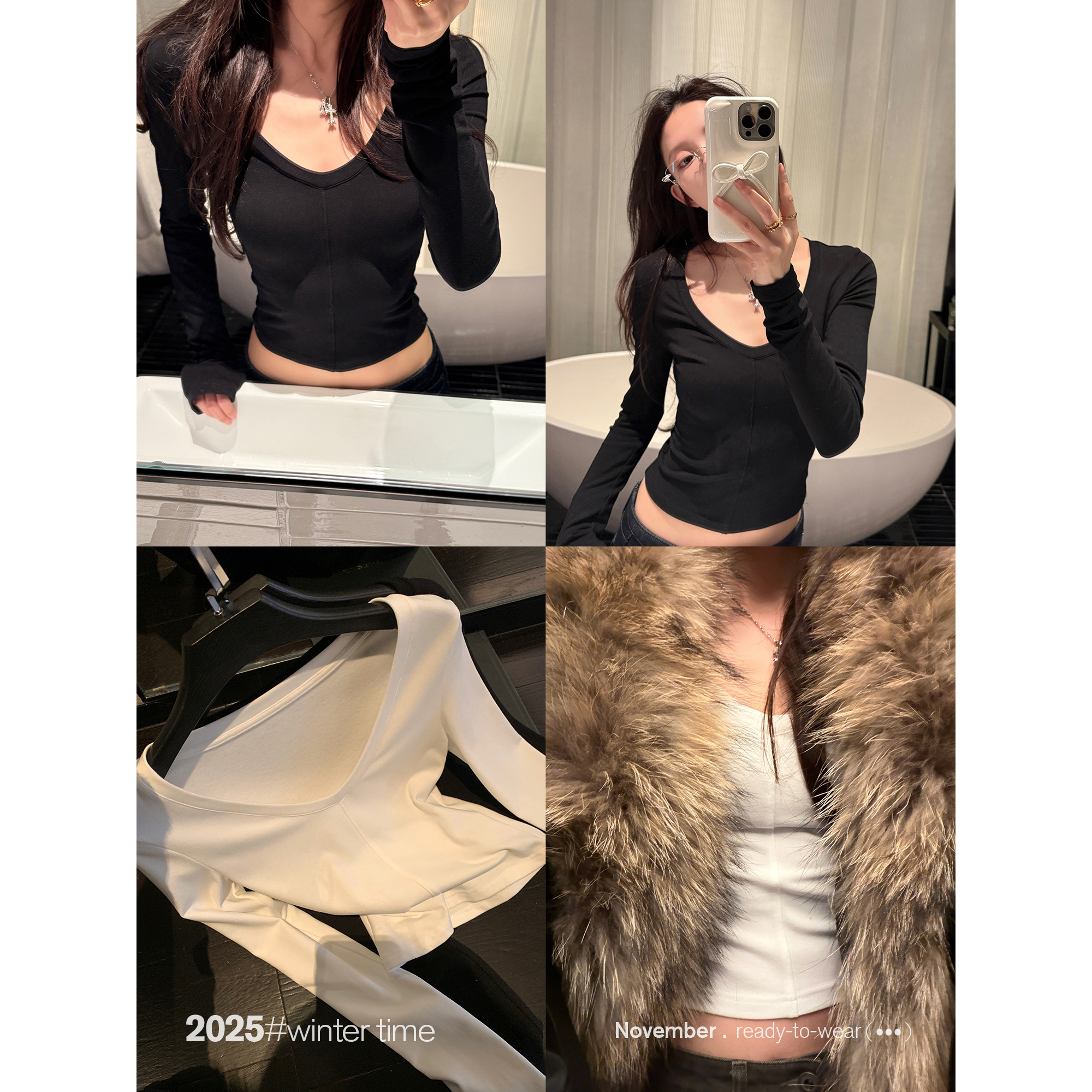 SUNONEONE 百搭纯色修身短款v领打底衫女秋冬内搭针织上衣H1618C