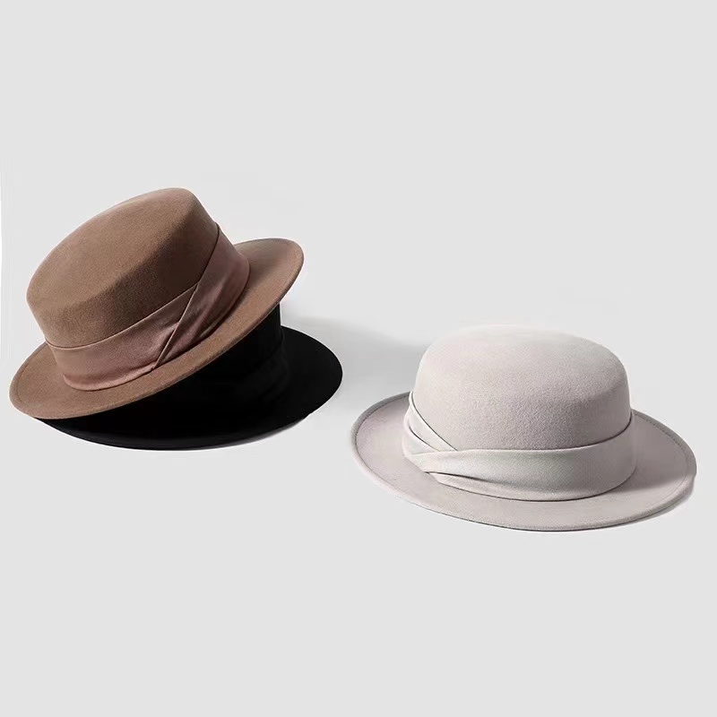 织带羊毛爵士礼帽2025冬季毛呢复古平顶帽子时尚黑色百搭秋冬