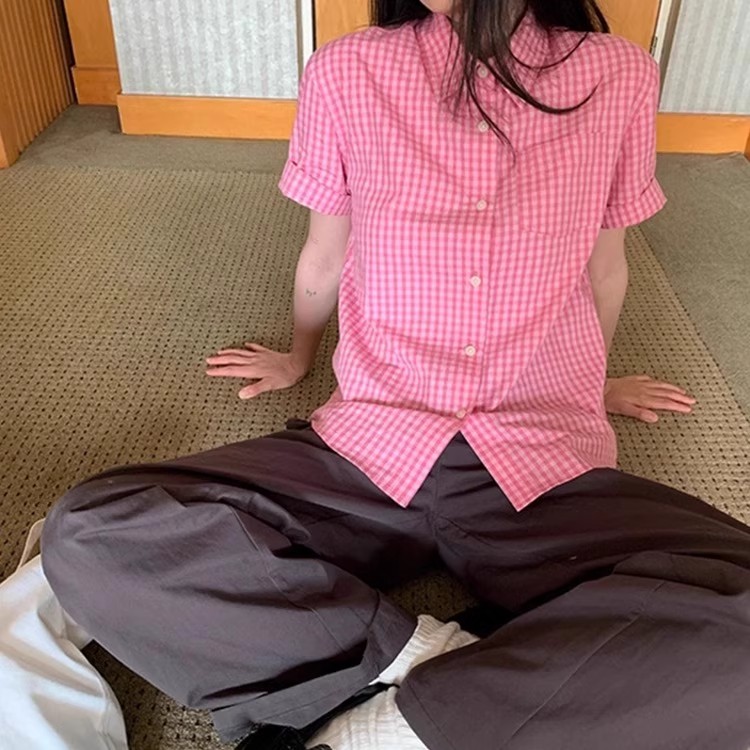 蔷薇粉~复古设计感小众粉格纹短袖衬衫女宽松慵懒休闲防晒上衣夏