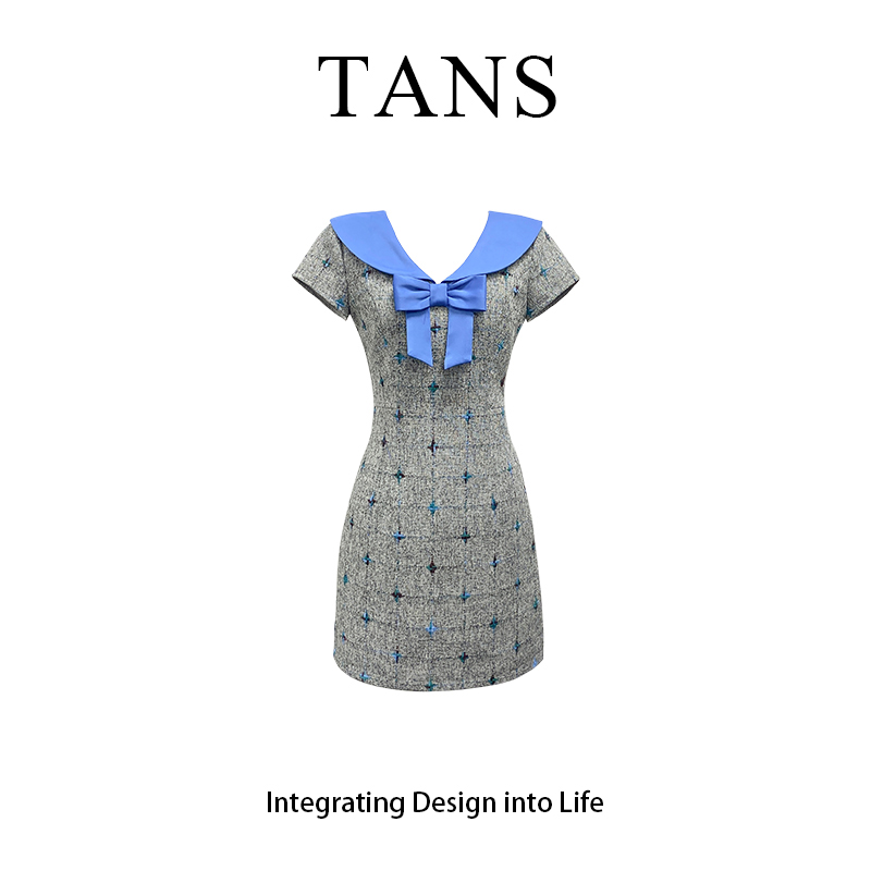 TANS【夏季新品】法式复古灰色V领蝴蝶结收腰连衣裙女夏