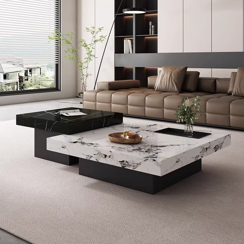 意式极简岩板茶几轻奢家用客厅方形茶桌高低组合小户型现代家用