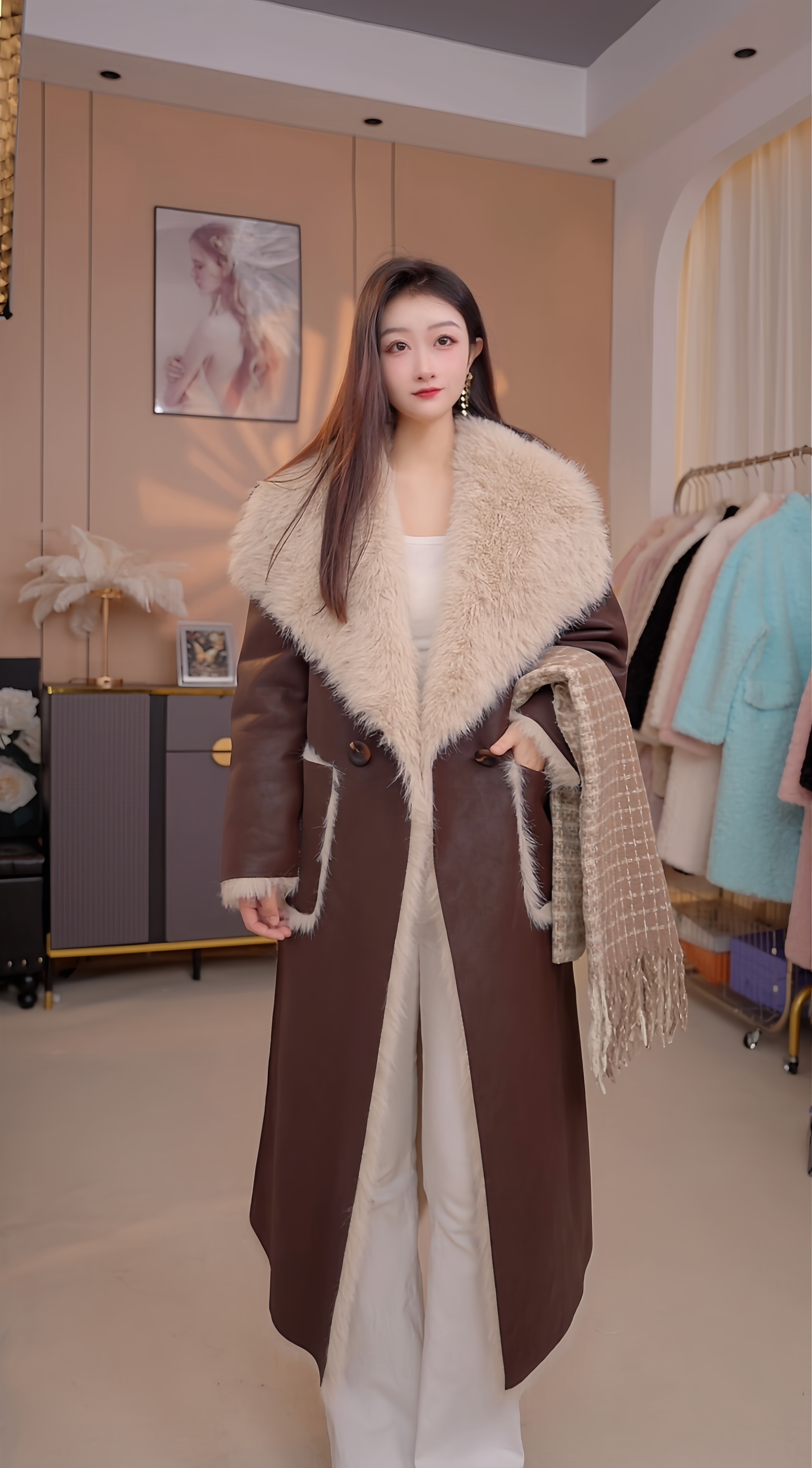 秋冬外套长款保暖拼接设计师法式毛呢外套女士中长款  5809