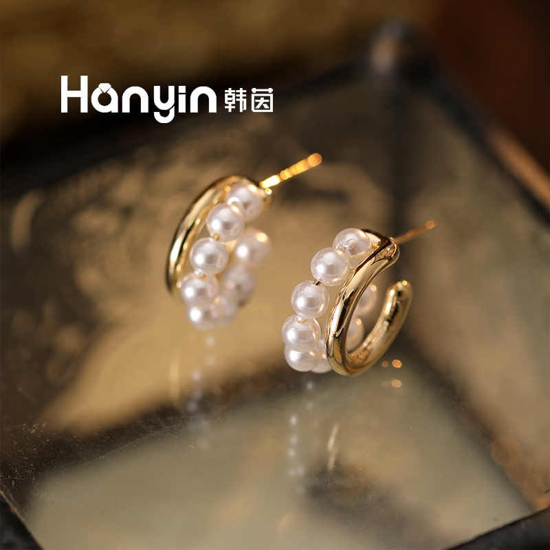 铜合金仿珍珠耳饰 925银针优雅百搭假两件珠珠C形耳钉时尚气质