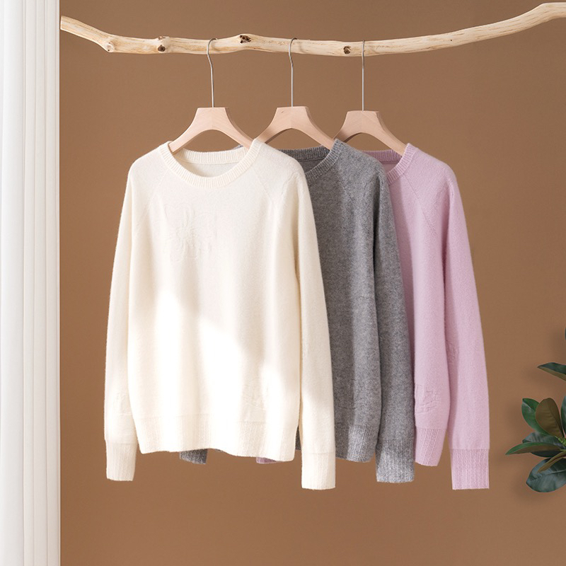 女士无缝一体圆领提花针织衫宽松百搭简约打底衫女上衣