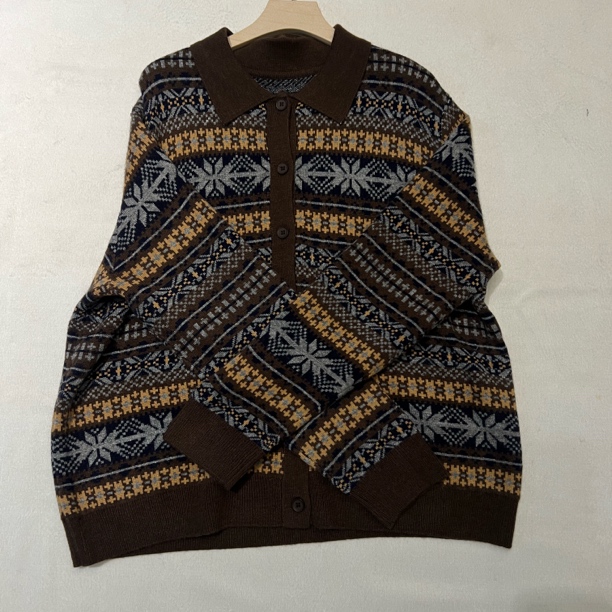 秋冬费尔岛复古提花半高领宽松长袖针织开衫毛衣